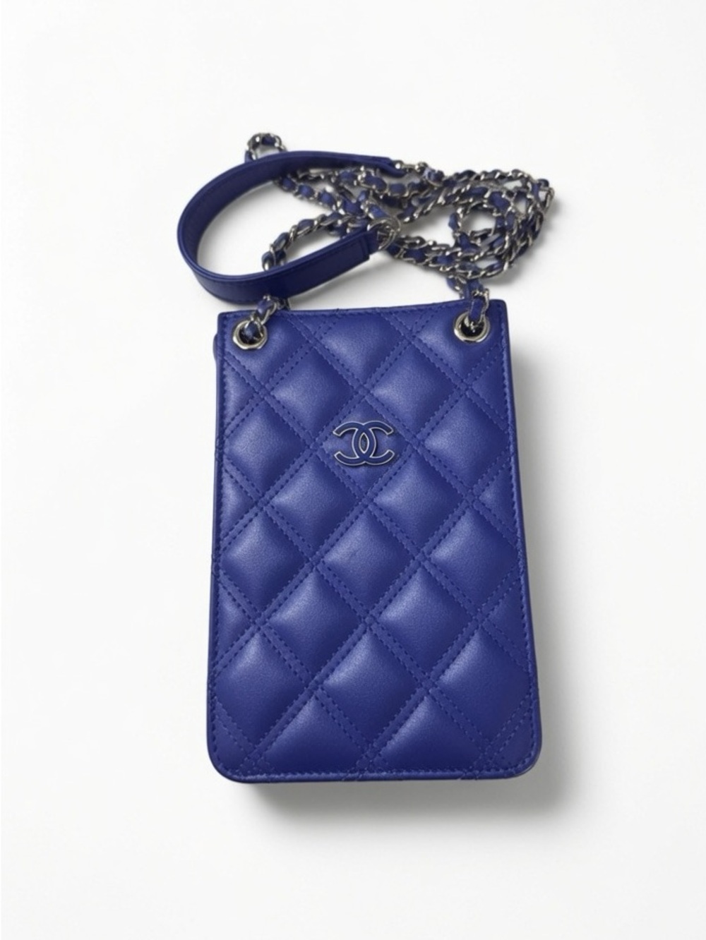 CHANEL Quilted Cobalt Blue Leather Crossbody Phone Pouch with Chain